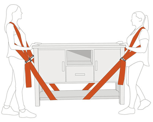 Dvě osoby nesou příborník pomocí popruhů na přenášení nábytku