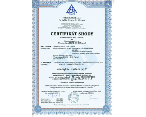 Osvědčení o shodě pro cylindrický zámek typu 2