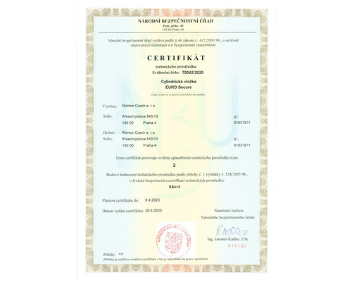 Certifikát pro cylindrickou vložku EURO Secure