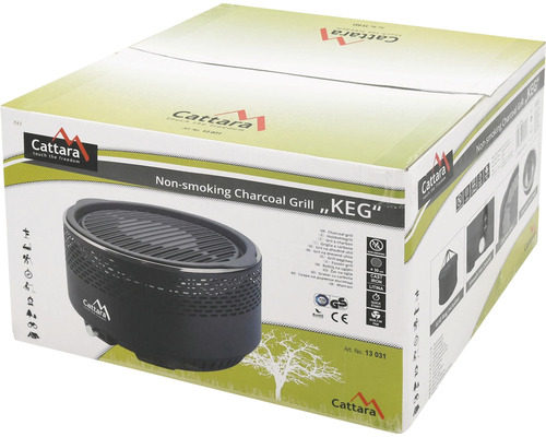 Balení grilu na dřevěné uhlí Keg značky Cattara, který neprodukuje kouř