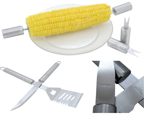Sada grilovacího náčiní s držáky na kukuřici, nožem a obracečkou