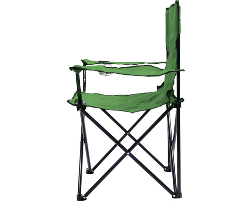 Zelená kempingová židle s držákem na nápoje a černým kovovým rámem