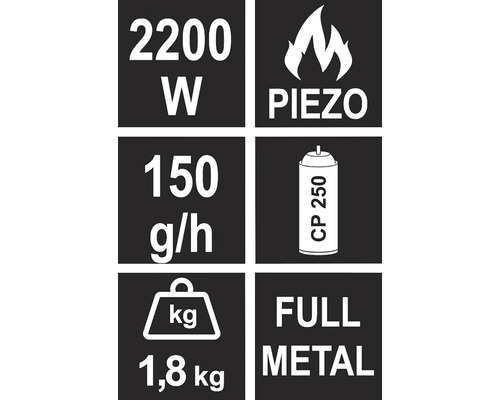 Technické detaily: výkon 2200 W, piezo zapalování, spotřeba 150 gramů za hodinu, kompatibilní s CP 250, hmotnost 1,8 kg, kompletně z kovu