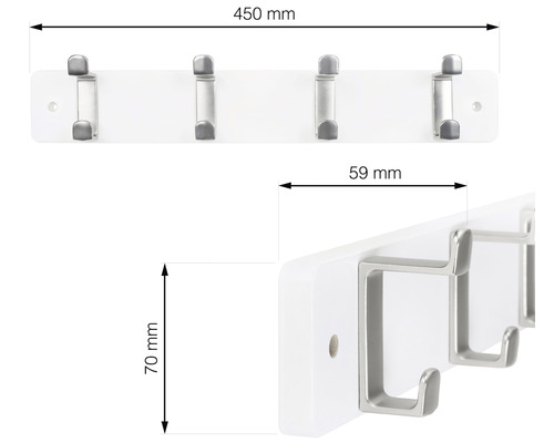 Věšáková lišta se čtyřmi háčky a rozměry 450 mm x 70 mm x 59 mm