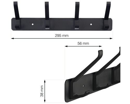 Černá šatní tyč s rozměry 295 mm x 56 mm x 38 mm
