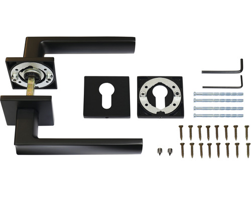 Sada kliky ke dveřím s hranatou rozetou a upevňovacím materiálem