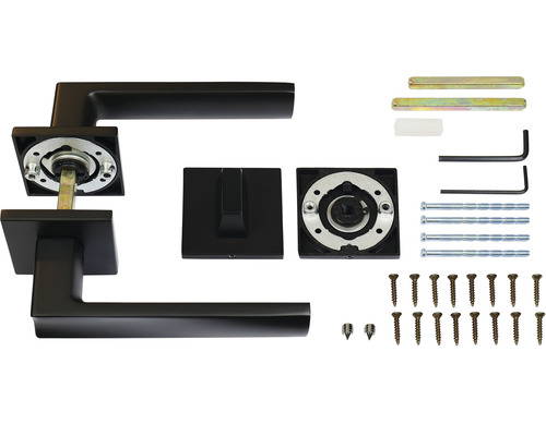 Černé kliky ke dveřím se čtvercovou rozetou a montážním materiálem