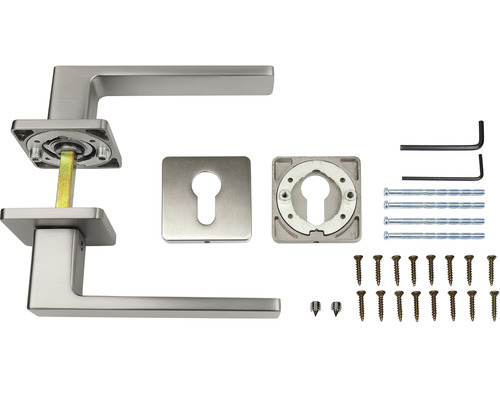 Sada kliky dveří se čtyřhranem, klíčovou rozetou, šrouby a montážním materiálem