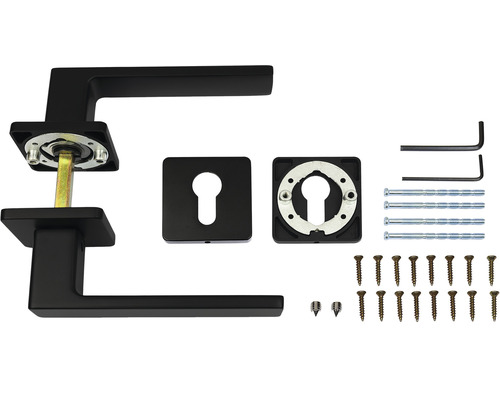 Černá sada kliky ke dveřím s upevňovacím materiálem