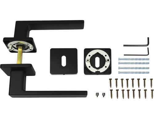 Černá klika ke dveřím se montážním příslušenstvím