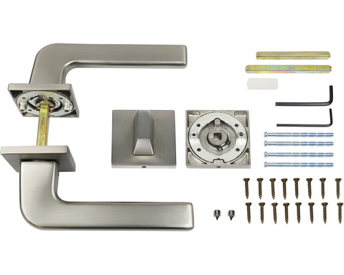 Sada kliky ke dveřím s hranatou rozetou a upevňovacím materiálem