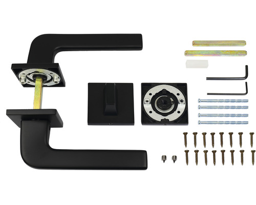 Černá klika dveří s montážním materiálem