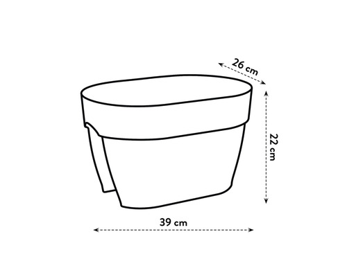 Nákres květináče o rozměrech 26 cm šířka, 22 cm výška a 39 cm délka.