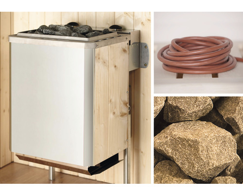 Saunová kamna s kameny, saunová hadice a detail saunových kamenů