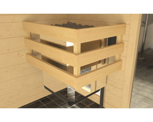 Saunová kamna s kameny v dřevěné polici