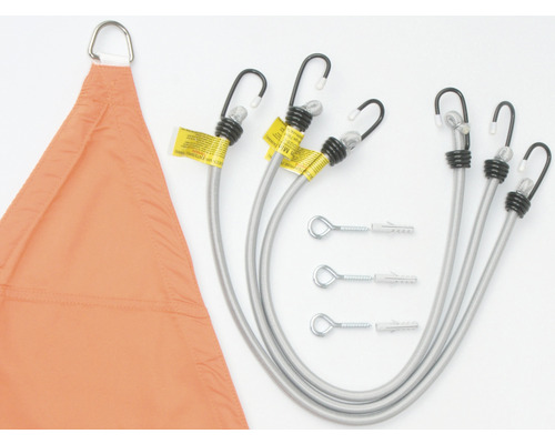 Trojúhelníková sluneční plachta s upevňovacími lany, háky a šrouby