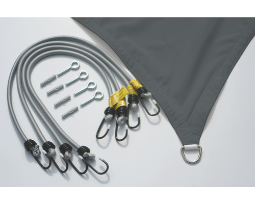 Šedá sluneční plachta s upevňovacími lany a šroubovacími háky