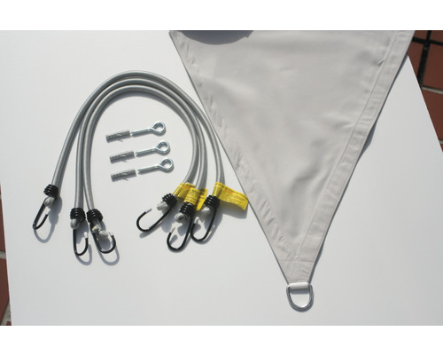 Trojúhelníková sluneční plachta s gumovými lanky a montážním materiálem