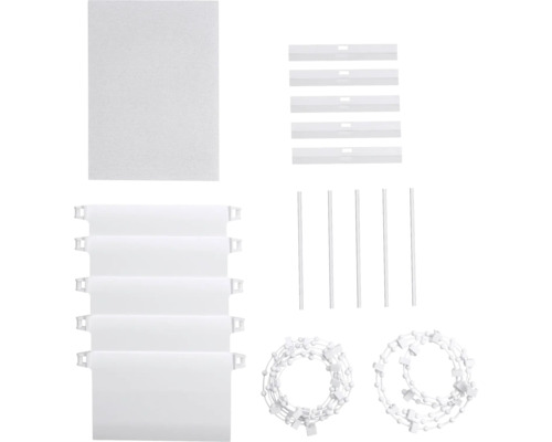 Náhradní díly pro vertikální žaluzie včetně lamel, závaží, řetízku a distanční vložky