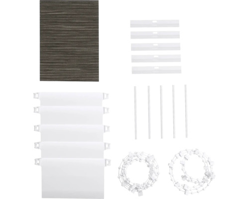 Komponenty pro žaluzie, včetně lamel, nosičů, vodících tyčí a ovládacích šňůr