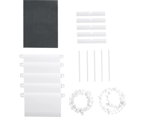 Komponenty pro rolety: látka, zatěžovací tyče, řetězy, držáky lamel