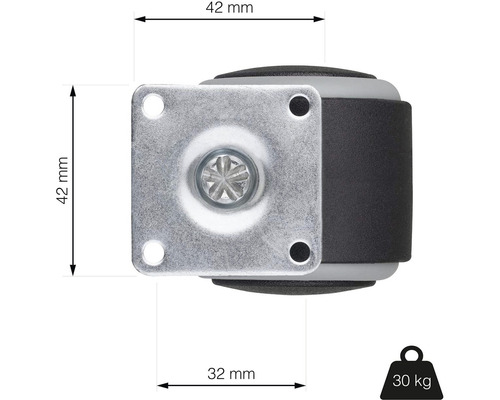Nábytkové kolečko s montážní deskou, rozměry: 42 x 42 mm, nosnost 30 kilogramů