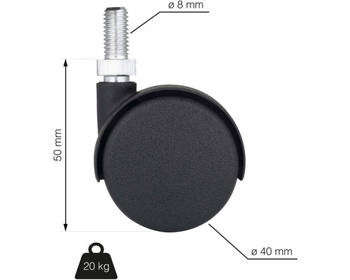 Nábytkové kolečko se závitovým kolíkem, průměr 40 milimetrů, průměr kolíku 8 milimetrů a nosnost 20 kilogramů