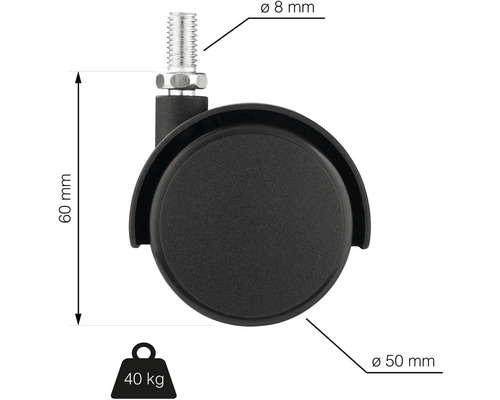 Nábytkové kolečko se závitovým kolíkem, průměr kola 50 milimetrů, výška 60 milimetrů, průměr kolíku 8 milimetrů, nosnost 40 kilogramů