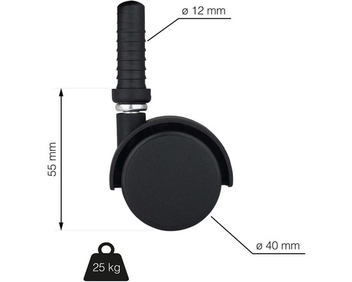 Nábytkové kolečko o průměru 40 milimetrů, délce kolíku 55 milimetrů a nosnosti 25 kilogramů