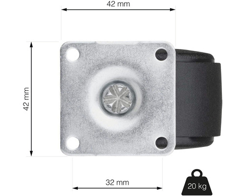 Nábytkové kolečko s nosností 20 kilogramů a rozměry 42 x 42 milimetrů