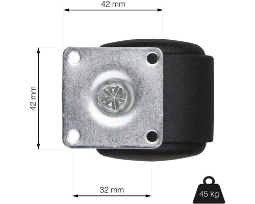 Nábytkové kolečko s nosností 45 kilogramů a montážní deskou 42 krát 42 milimetrů