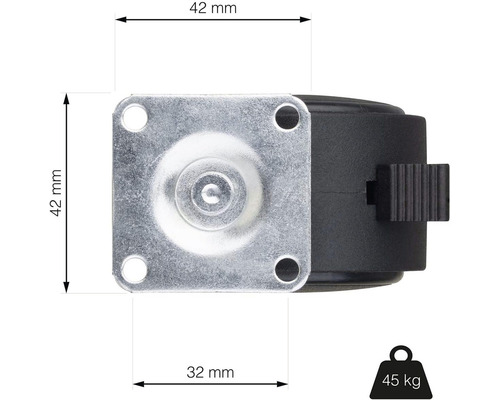 Nábytkové kolečko s brzdou a rozměry 42 x 42 milimetrů a 32 milimetrů, nosnost 45 kilogramů