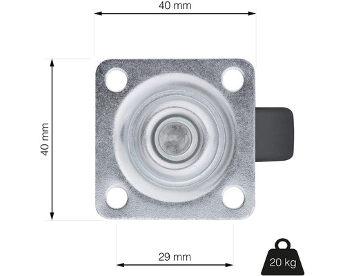 Pohled shora na otočné kolečko o rozměrech 40 x 40 mm, nosnosti 20 kg a desku pro upevnění