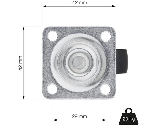 Nábytkové kolečko s montážní deskou, rozměry 42 x 42 mm, nosnost 20 kg