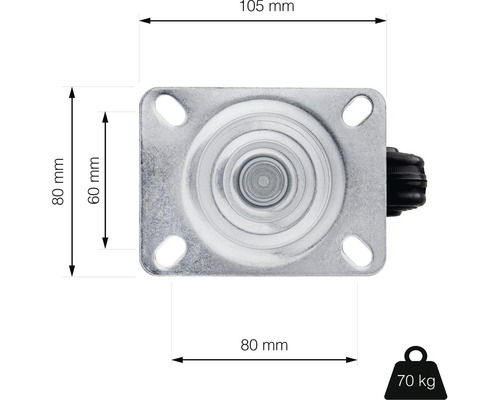 Otočné kolečko s deskou a nosností 70 kilogramů, rozměry jsou uvedeny na obrázku