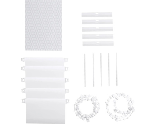 Sada náhradních dílů pro vertikální žaluzie sestávající z váhových desek, řetízků, spojovacích prvků a rozpěrek