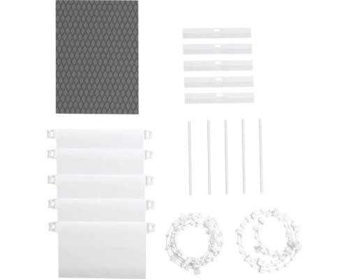 Komponenty pro lamelové žaluzie, včetně lamel, závaží, spojovacího řetízku a příslušenství.