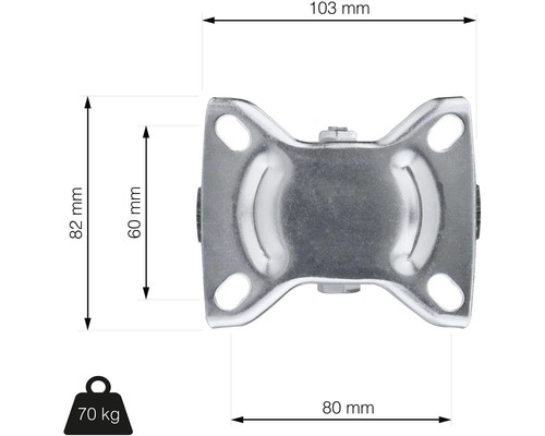 Technický nákres otočného kolečka s rozměry a nosností do 70 kilogramů.