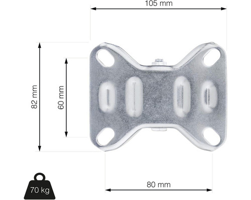 Technický výkres nábytkového kolečka o rozměrech 105 mm šířka, 82 mm výška, 80 mm hloubka a nosnost 70 kilogramů