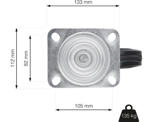 Nákres nábytkového kolečka o rozměrech 133 mm délka, 112 mm výška a nosnost 135 kg.
