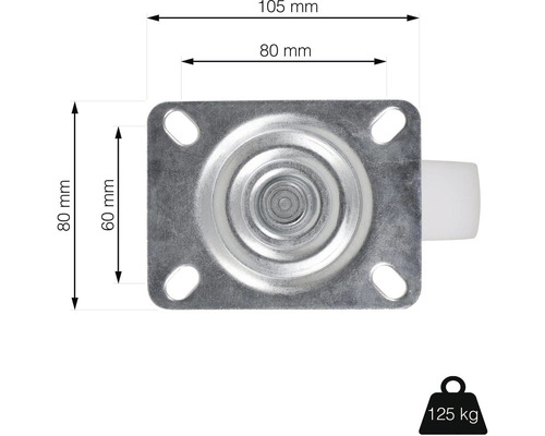Kolečko s rozměry 105 mm, 80 mm, 80 mm a 60 mm, nosnost až 125 kg