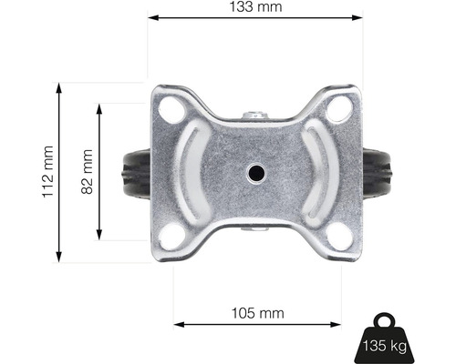 Detailní pohled na otočné kolečko s rozměry a informací o nosnosti 135 kilogramů.