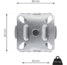 Kovový kluzák na nábytek, šířka 60 mm, výška 60 mm, nosnost 60 kg
