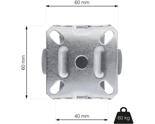 Kovový kluzák na nábytek, šířka 60 mm, výška 60 mm, nosnost 60 kg