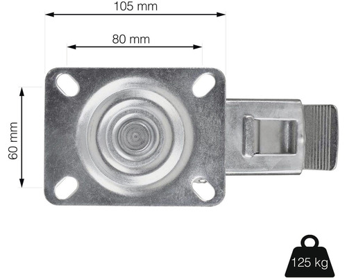 Nábytkové kolečko s brzdou, nosnost 125 kilogramů, rozměry 105 x 80 x 60 milimetrů