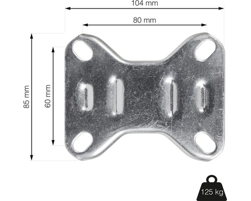 Kovový spojovací prvek o rozměrech 104 mm x 85 mm a nosnosti 125 kg