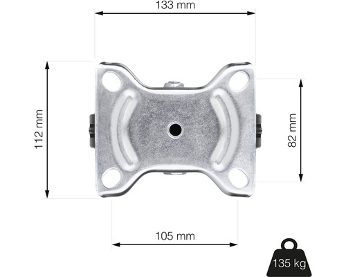 Technický nákres nábytkového kolečka s rozměry 133 mm šířka, 112 mm výška, 105 mm hloubka a 82 mm výška kolečka. Maximální nosnost: 135 kg.