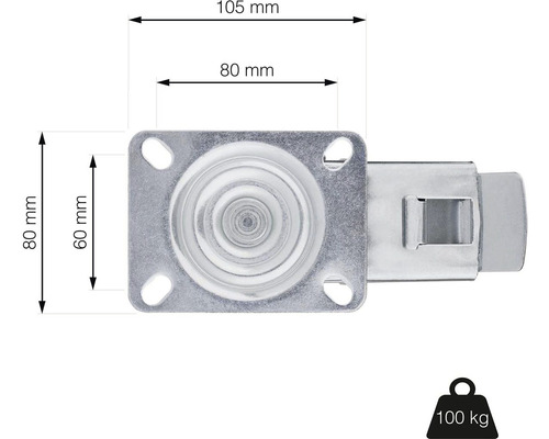 Nábytkové kolečko s brzdou, rozměry: 80 mm x 80 mm, délka 105 mm, nosnost: 100 kg