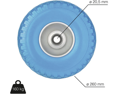 Kolo o průměru 260 mm a vrtání ložiska 20,5 mm, nosnost 160 kg