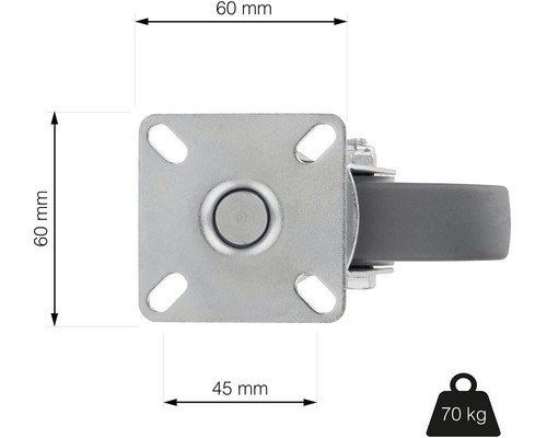 Podstavec na kolečkách o rozměrech 60 mm x 60 mm a nosnosti 70 kilogramů.
